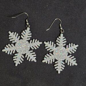 Glitter Snowflake Earrings Sparkling Plastic Holiday Jewelry Dangle Hooks 2" Dia